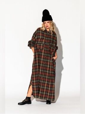 Women’s Dressed in LALA Oversized Green and Rust Plaid Flannel Maxi Shirt Dress